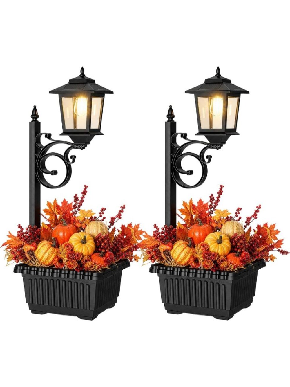 2-Pack 2-in-1 Solar Outdoor Flower Pots & Post Lamps, Waterproof Garden Lights